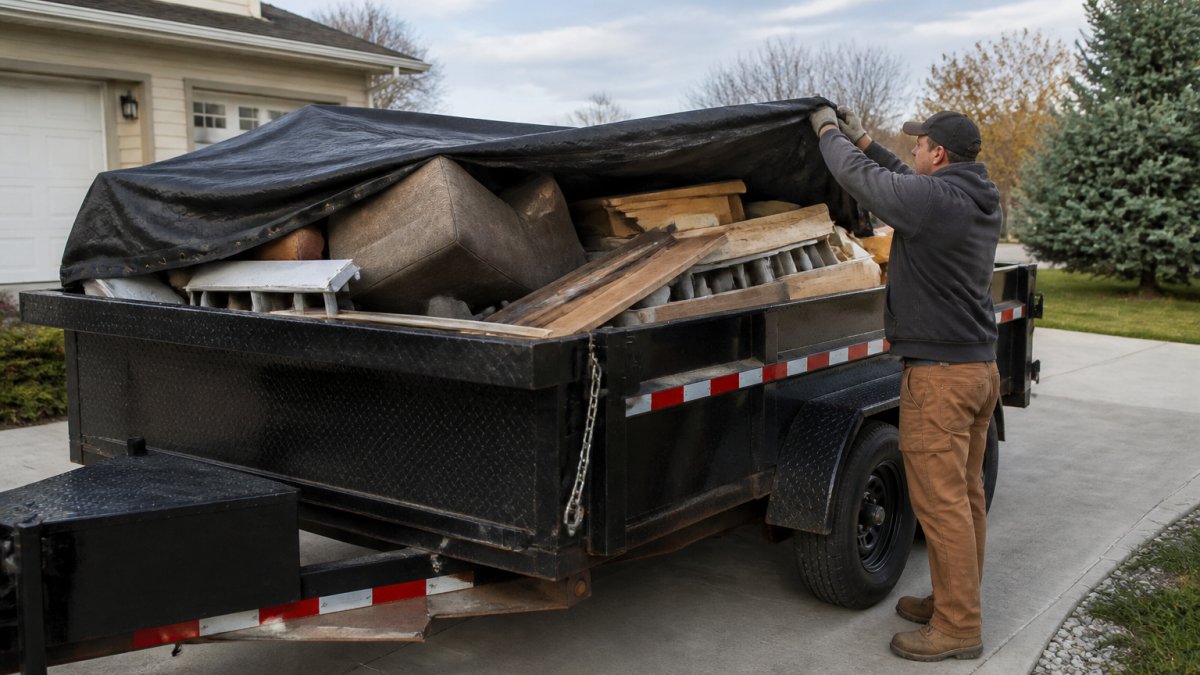 A 12-yard dump trailer parked on a residential driveway loaded with old furniture and construction debris, with a homeowner in work clothes securing a tarp