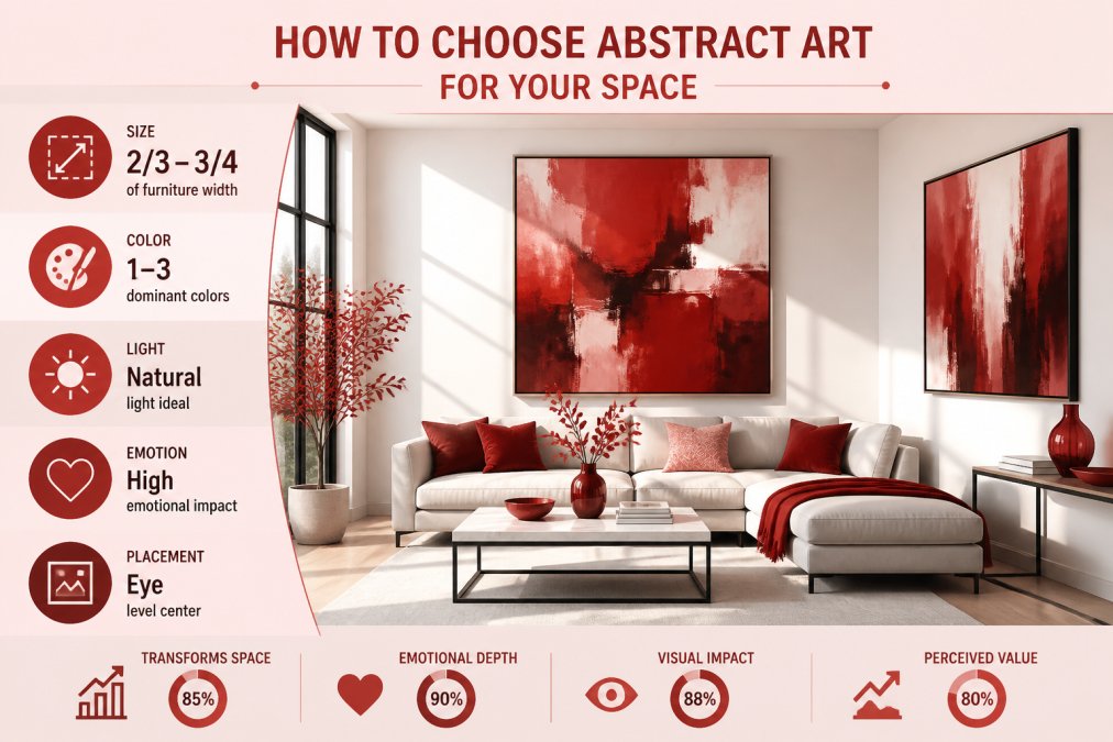 Modern living room with white walls displaying large-scale abstract paintings in vibrant colors, natural light illuminating the artwork, showing how original paintings transform an interior with emotional depth and visual impact