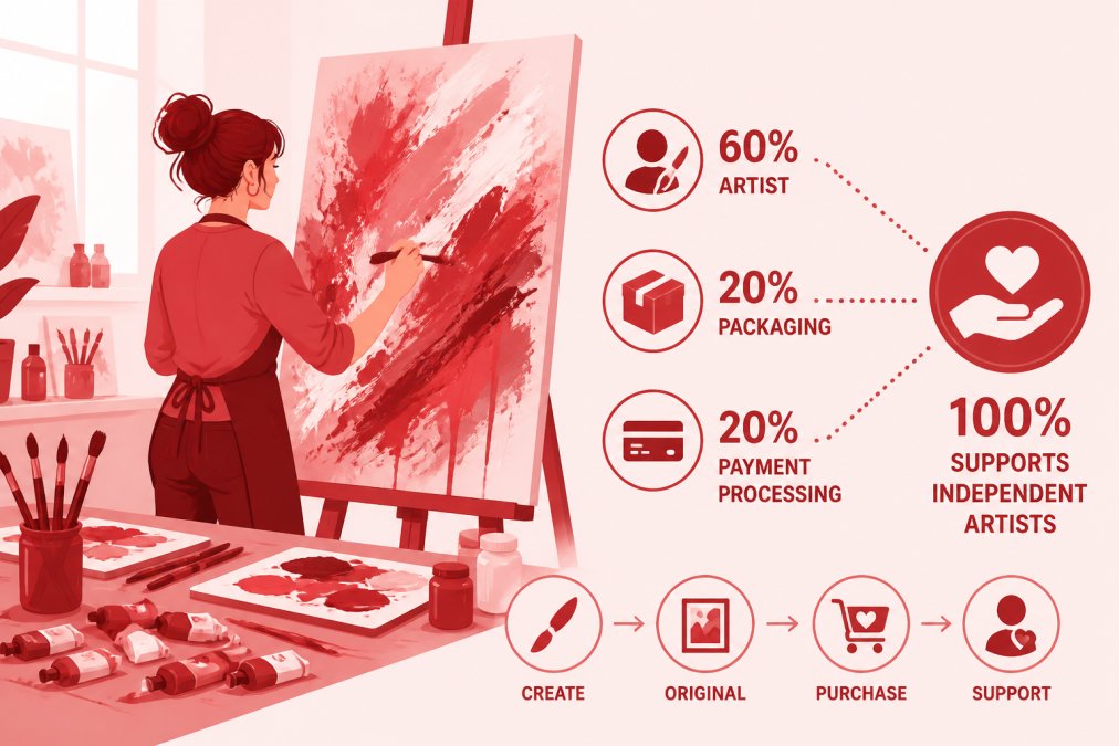 Artist in bright studio workspace painting on large canvas with acrylic, brushes and vibrant paint visible, showing the handmade, labor-intensive nature of creating original abstract art