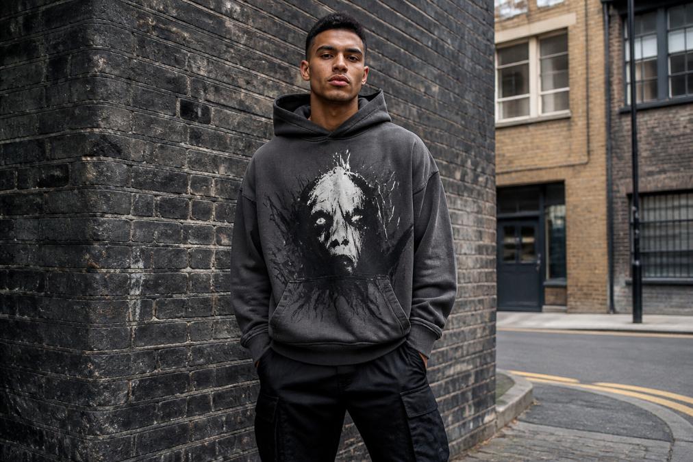 A young man in his mid-20s wearing an oversized graphic hoodie and cargo trousers, standing against a textured urban brick wall in a UK city setting, looking directly at the camera with a confident expression