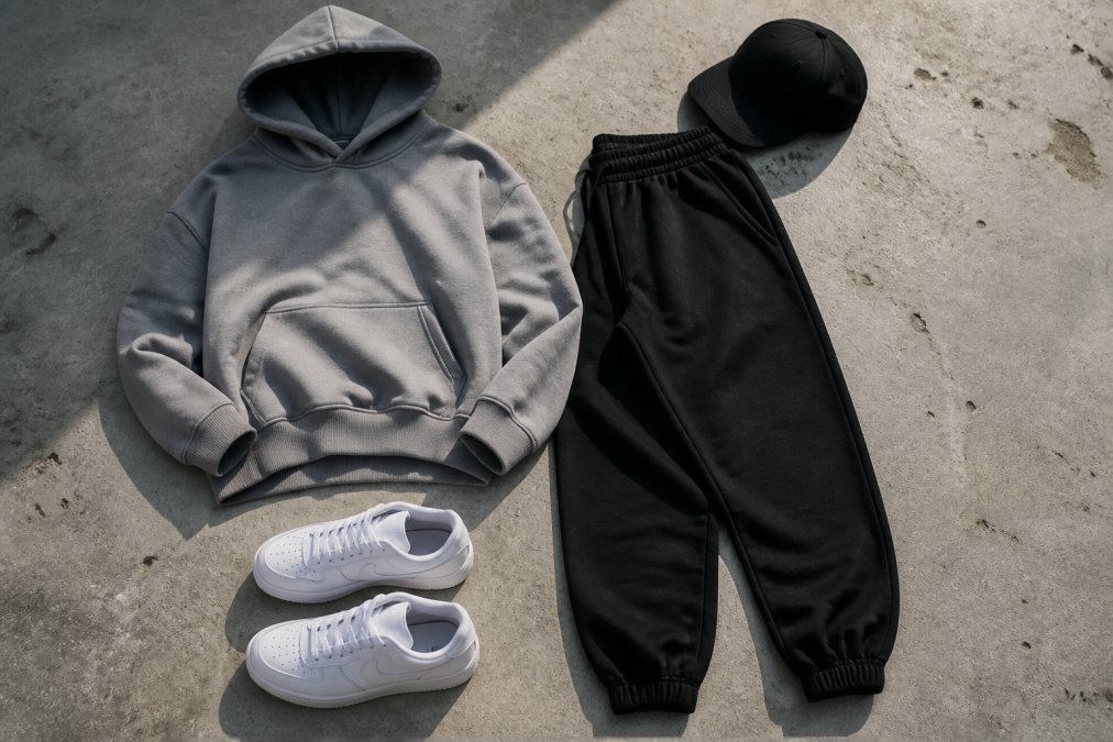 A flat lay of streetwear staples arranged on a neutral concrete surface: an oversized hoodie in muted grey, black joggers, a structured cap, and clean white trainers, photographed from directly above in natural daylight
