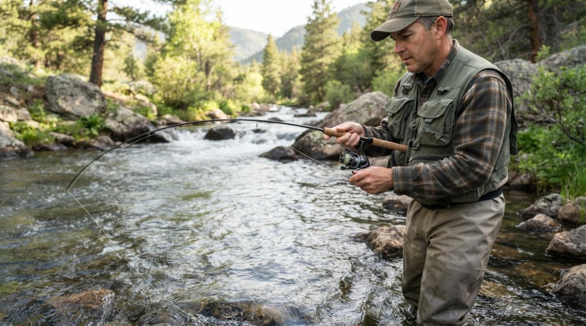 Diagram showing hand positioning and rod action for the best ultralight fishing combos for trout in streams.