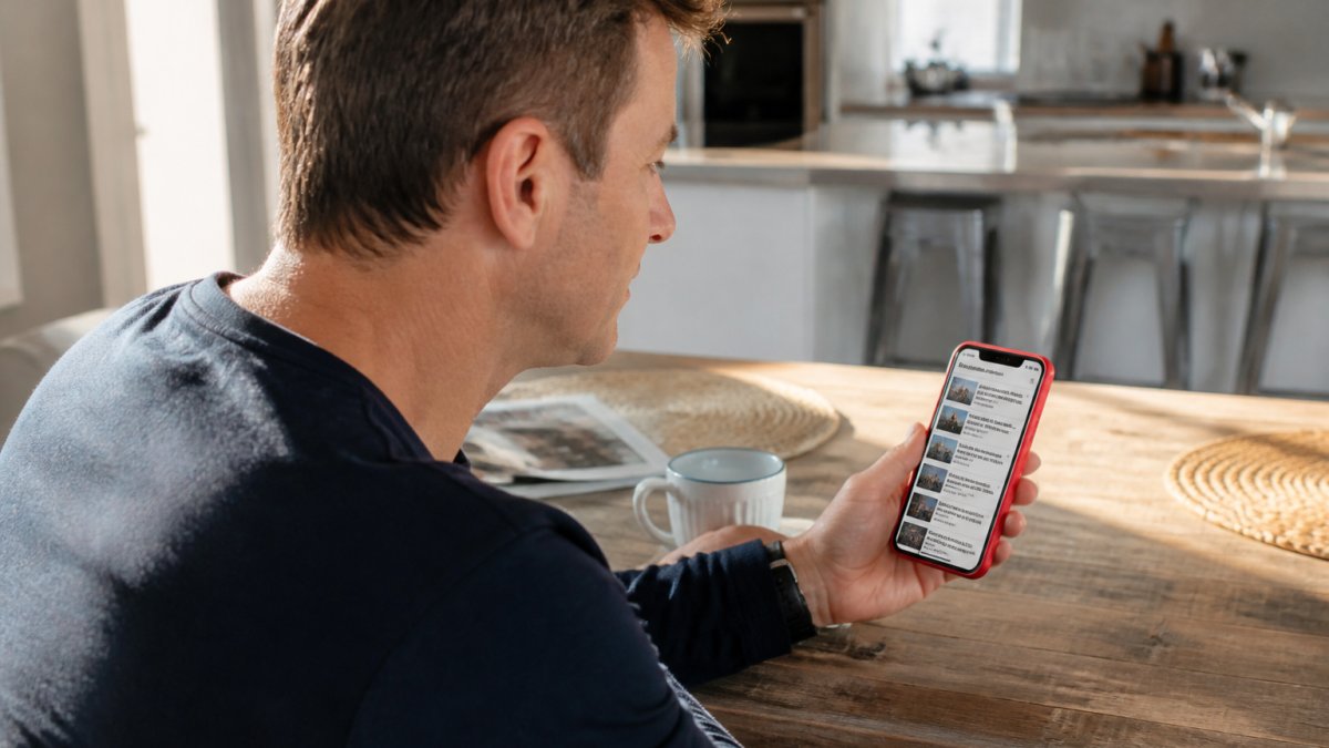 Person holding smartphone displaying a news app interface with multiple story headlines, category filters, and bias rating indicators visible on screen in natural morning light