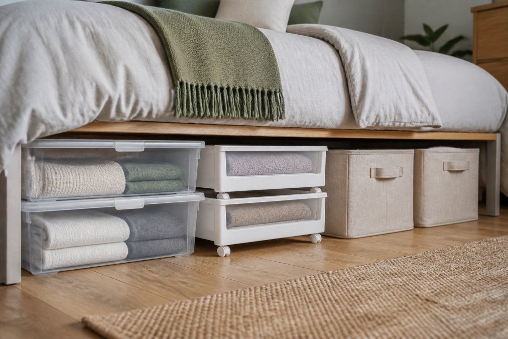Bedroom with multiple under-bed storage containers visible, stackable clear boxes, wheeled drawers, and fabric bins organised neatly beneath a bed frame, showing different storage styles in use