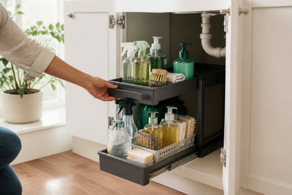 A hand pulling out a two-tier sliding under-sink organizer filled with neatly arranged cleaning supplies.