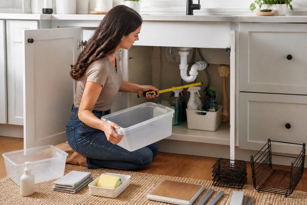 A woman in her 30s kneeling in front of an open under-sink cabinet, holding a measuring tape and a plastic bin, with cleaning supplies and a P-trap visible, in a bright small kitchen