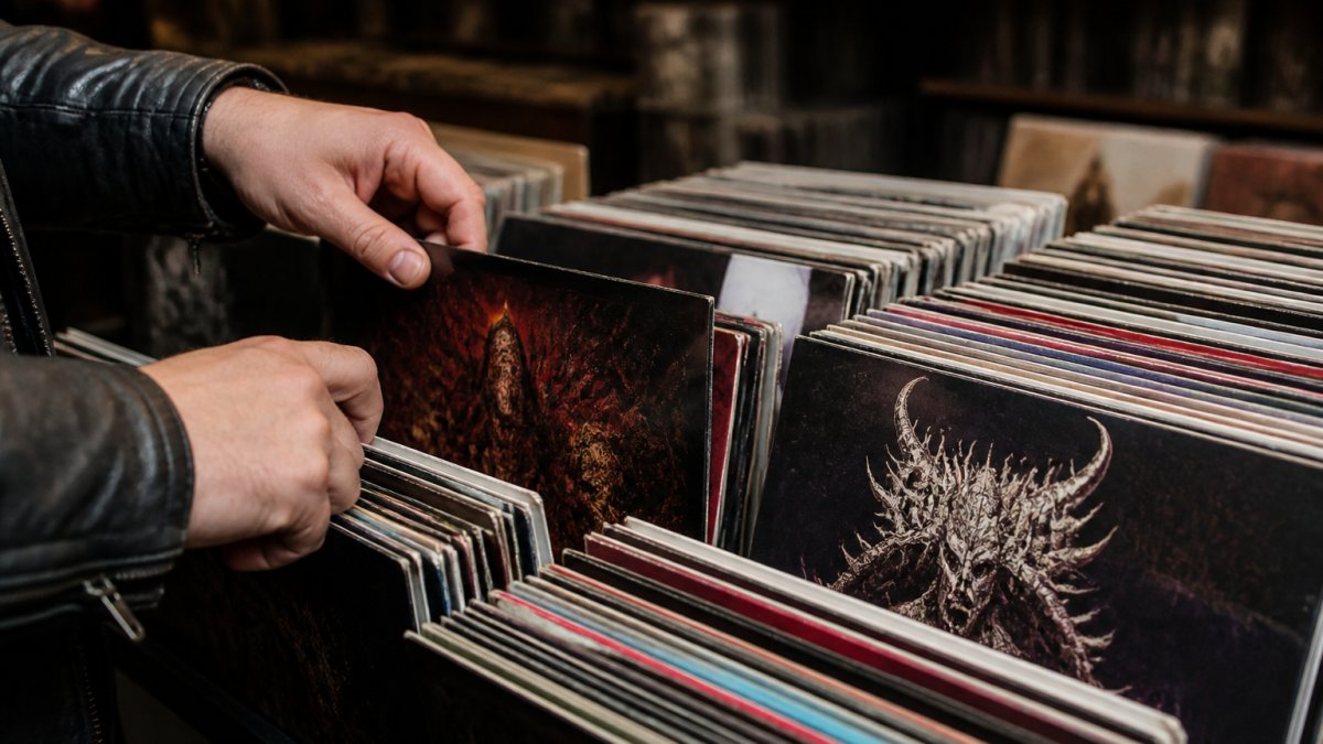 Close-up of a collector's hands flipping through a crate of colourful vinyl LPs in a dimly lit record shop, sleeves showing extreme metal artwork, warm overhead lighting