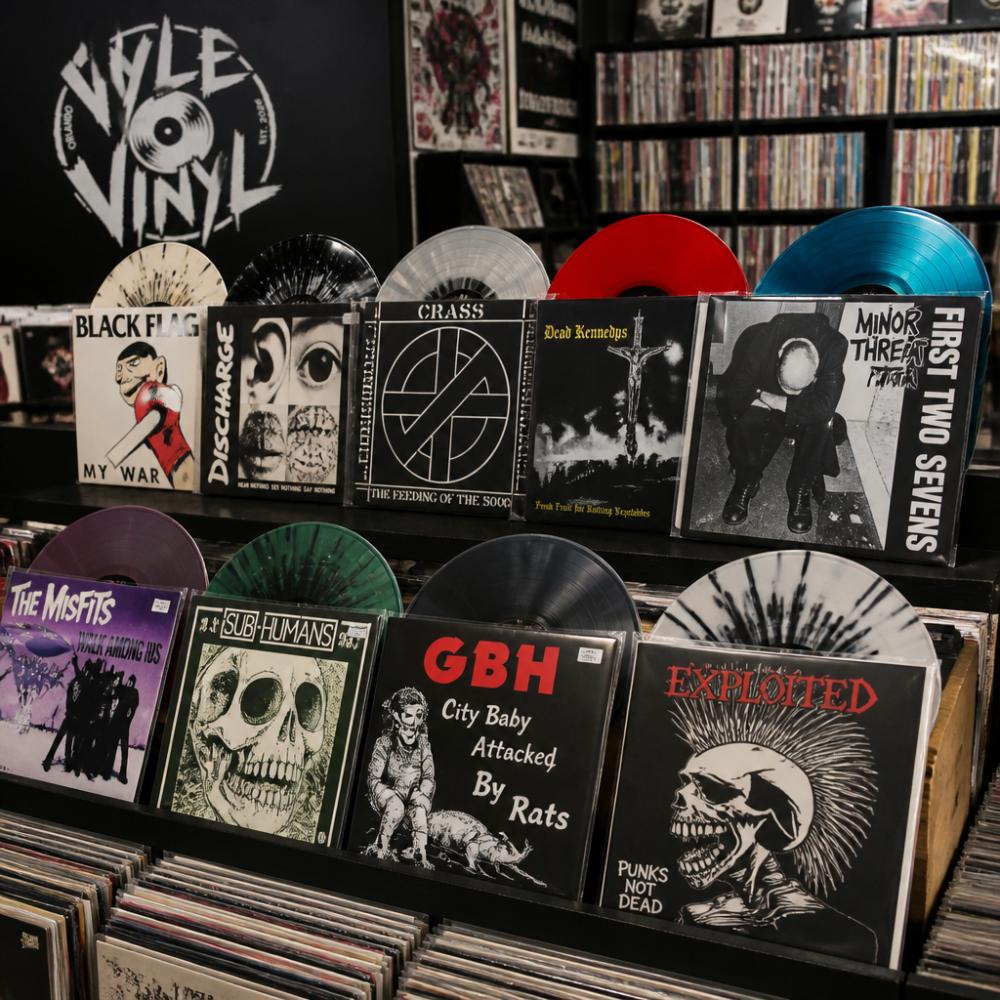 A collection of punk vinyl records displayed on a shelf, showing colorful and limited edition pressings with visible album artwork and spine labels