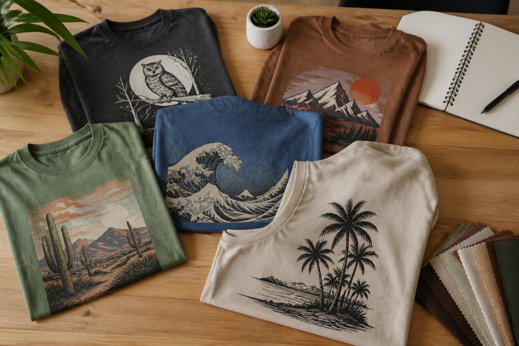 A flat lay of several soft, stylish custom t-shirts in different colors with unique graphic prints, arranged on a light wooden table with a notebook and fabric swatches nearby