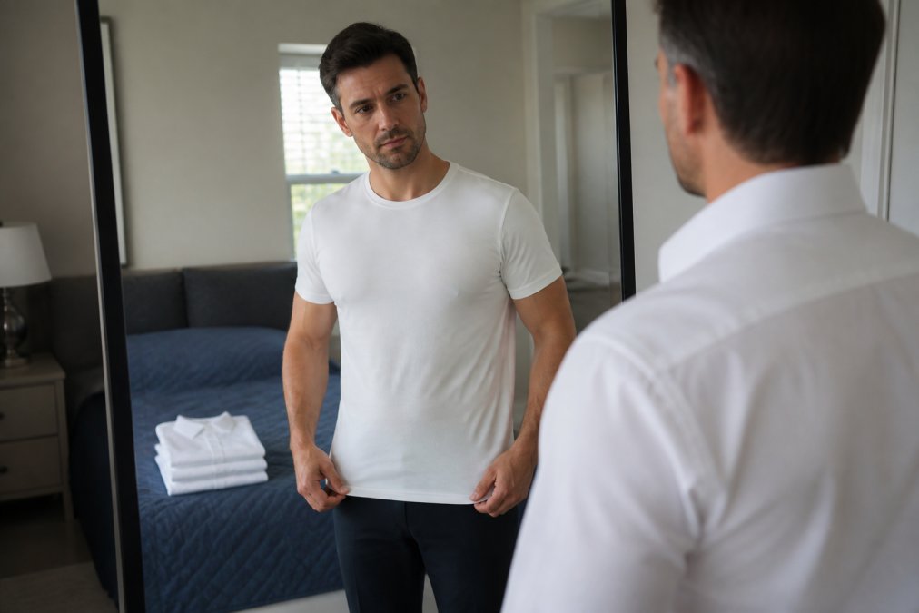 A man in a crisp white dress shirt examining the fit of a white crew neck undershirt in a bright bedroom mirror, several folded undershirts stacked on the bed behind him