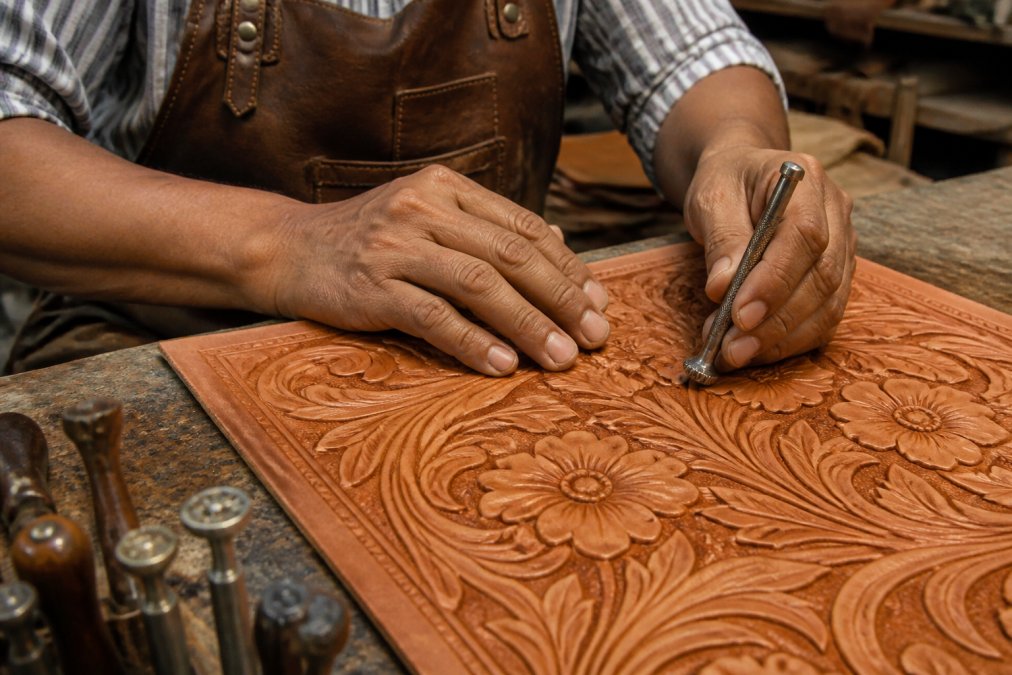 Close-up of artisan hands holding tooling implements over genuine leather, creating intricate floral patterns with detailed hand-carved designs, natural workshop lighting highlighting the texture and craftsmanship