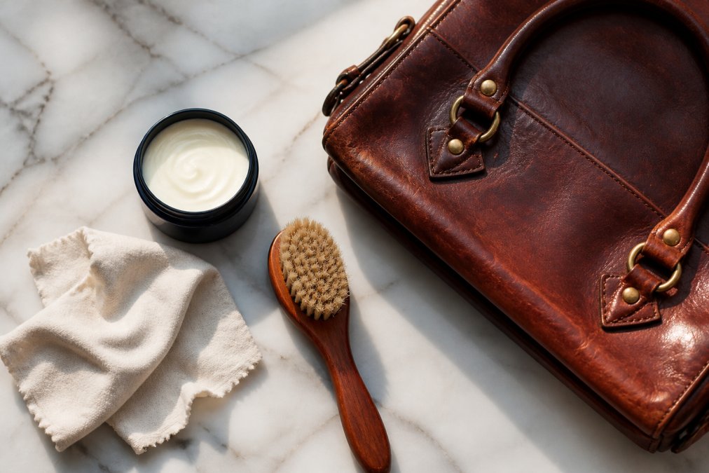 Overhead flat-lay arrangement of leather care essentials including natural conditioner, soft cloth, soft-bristled brush, and a rich brown leather handbag showing deep patina and aged finish on marble surface with warm natural lighting