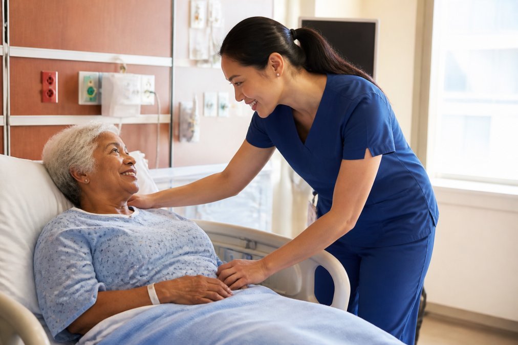 Nurse in modern-fit scrubs bending to assist a patient in hospital bed, scrubs moving with natural body motion, bright clinical lighting