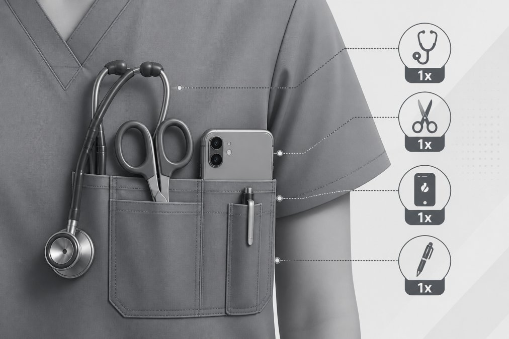 Close-up of healthcare professional's scrub pockets containing stethoscope, surgical scissors, phone, and pen, showing functional pocket design during clinical work
