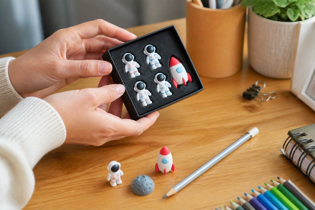 Close-up of hands holding the Moon Walk Erasers set with astronaut and rocket pieces displayed on a bright wooden desk with silver pencil and scattered stationery