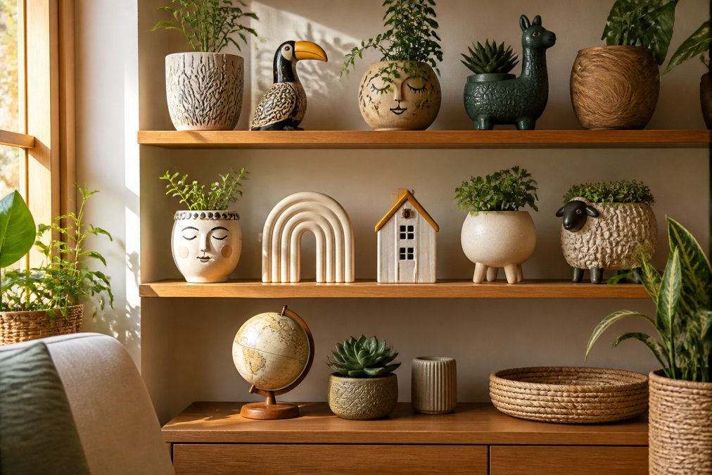 A styled living room shelf displaying quirky home decor gifts and decorative plant pots arranged with fresh green plants and warm golden lighting from a nearby window