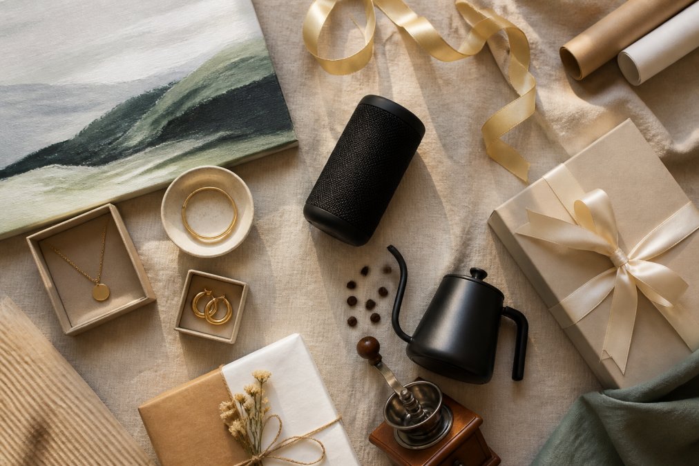Overhead flat-lay arrangement of curated gift items including gold jewelry, Bluetooth speaker, coffee tools, and decorative canvas on neutral linen surface with gift ribbons and wrapping paper