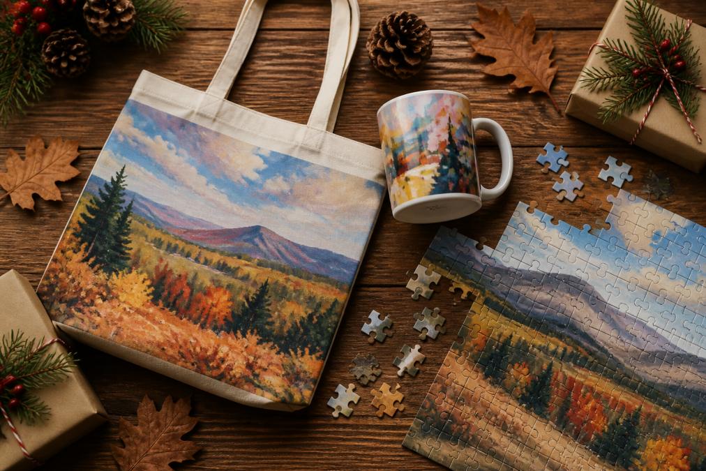 Flat lay of art-printed merchandise including a canvas tote bag with landscape design, ceramic coffee mug with abstract art, and completed puzzle scattered on a wooden table with autumn leaves and holiday decorations