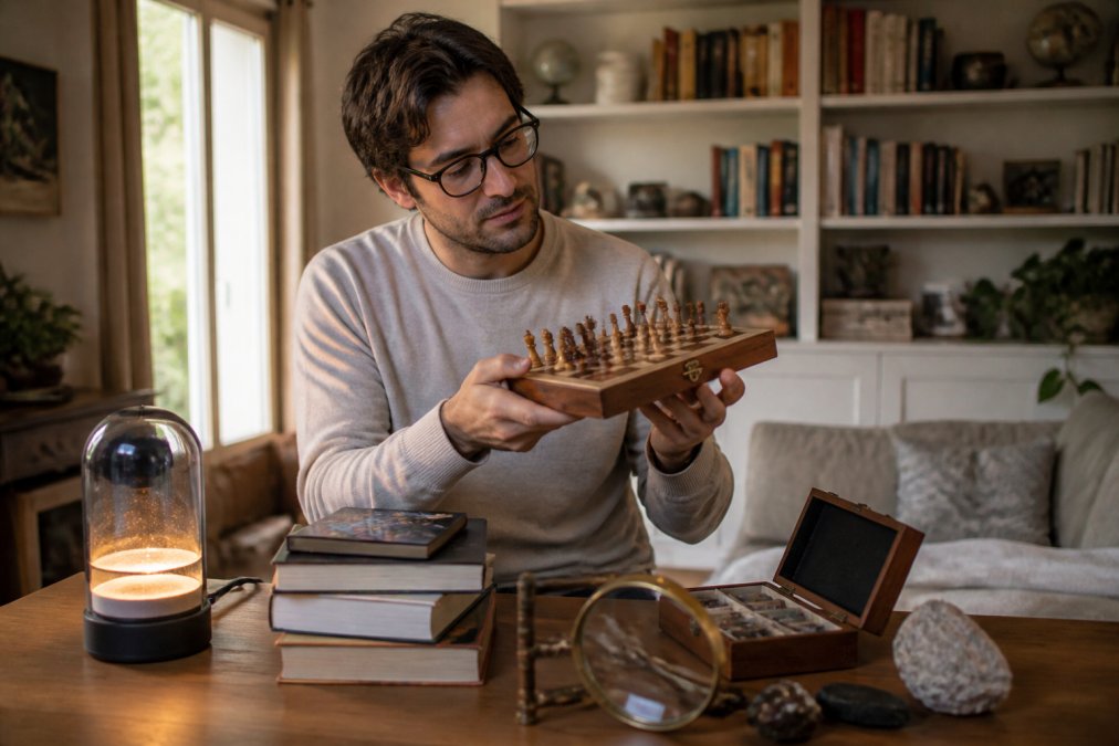 Person thoughtfully examining a collection of unique gift items at home, holding a wooden chess set while surrounded by books, a moving sand lamp, and curiosity-sparking objects in natural daylight