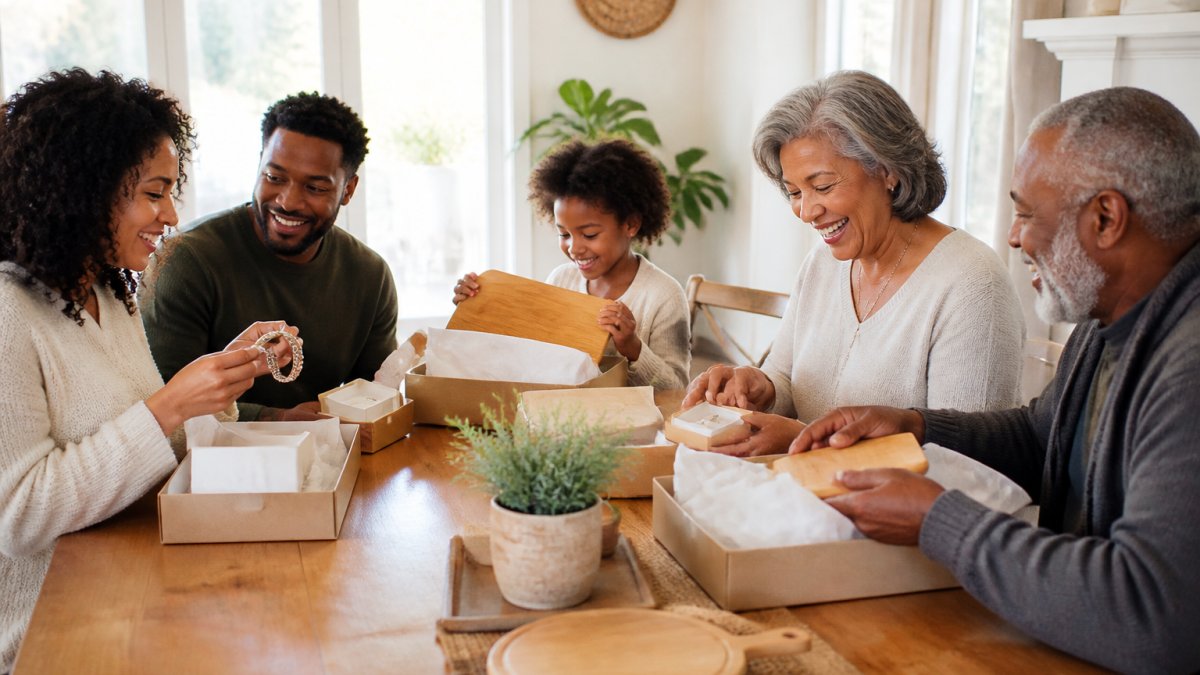 Family gathered around a dining table, opening personalized gifts together on a Sunday morning with natural light streaming through windows, examining custom items like engraved bracelets and monogrammed cutting boards with genuine smiles
