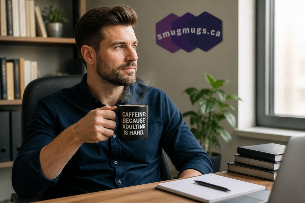 A man in a casual office setting holding a ceramic mug with a witty printed message, steam rising from the coffee, natural window light