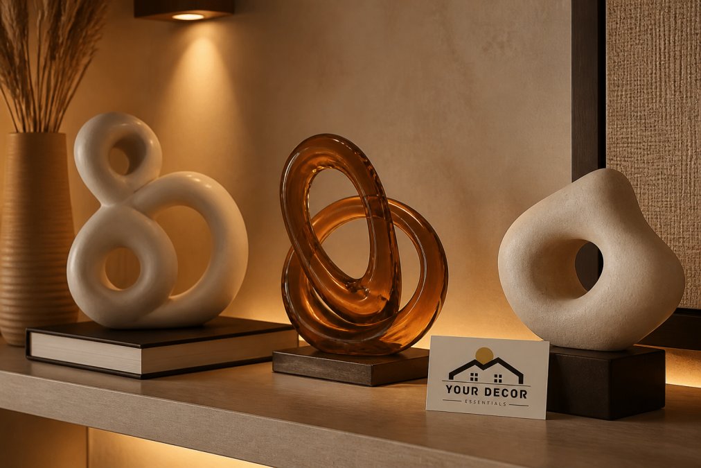 A styled living room shelf featuring abstract resin sculptures and organic-shaped decorative objects in warm neutral tones, with soft amber ambient lighting casting gentle shadows across the arrangement