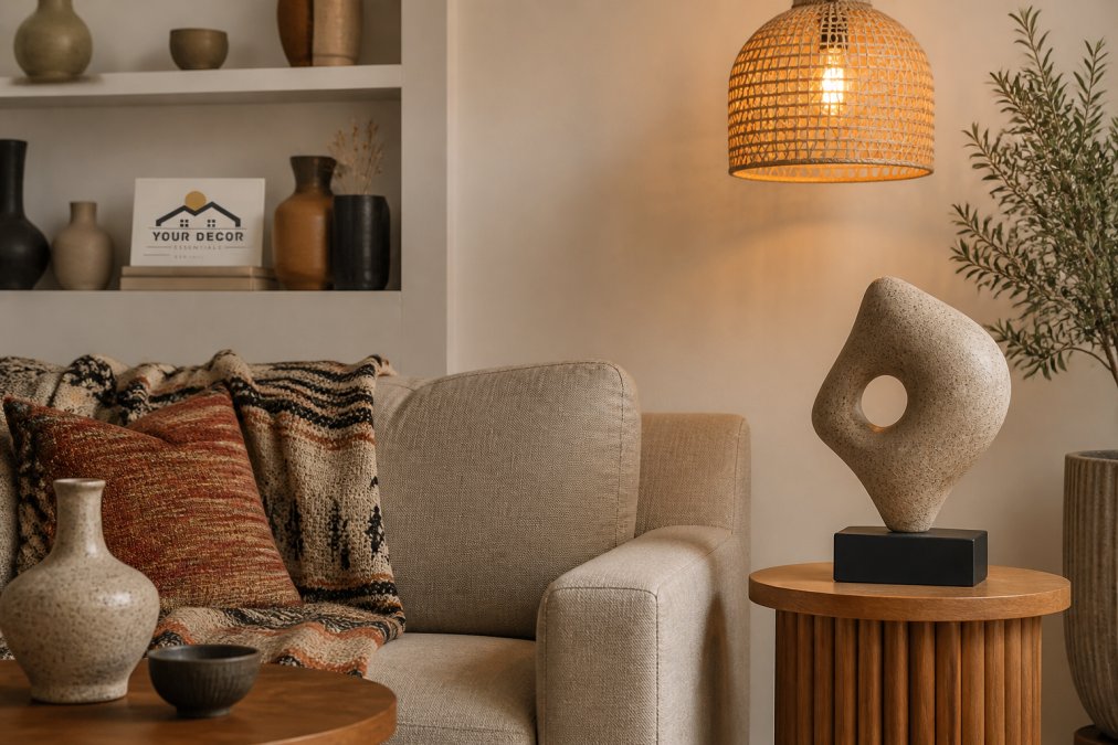 A well-composed living room corner featuring an eclectic arrangement of handcrafted ceramic vases, layered woven textiles on a linen sofa, and an organic-shaped sculptural object on a side table, with a warm statement pendant light casting a golden glow across the scene