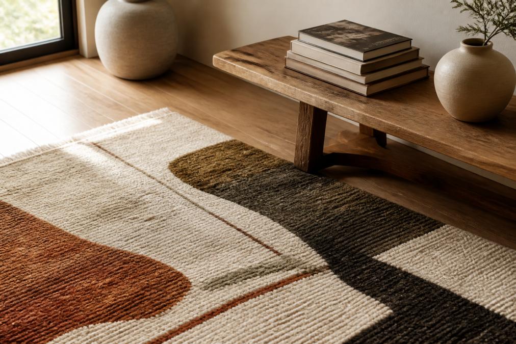 A hand-knotted wool rug in earthy, abstract tones laid on a light hardwood floor beside a low wooden bench with a stack of art books and a ceramic vase