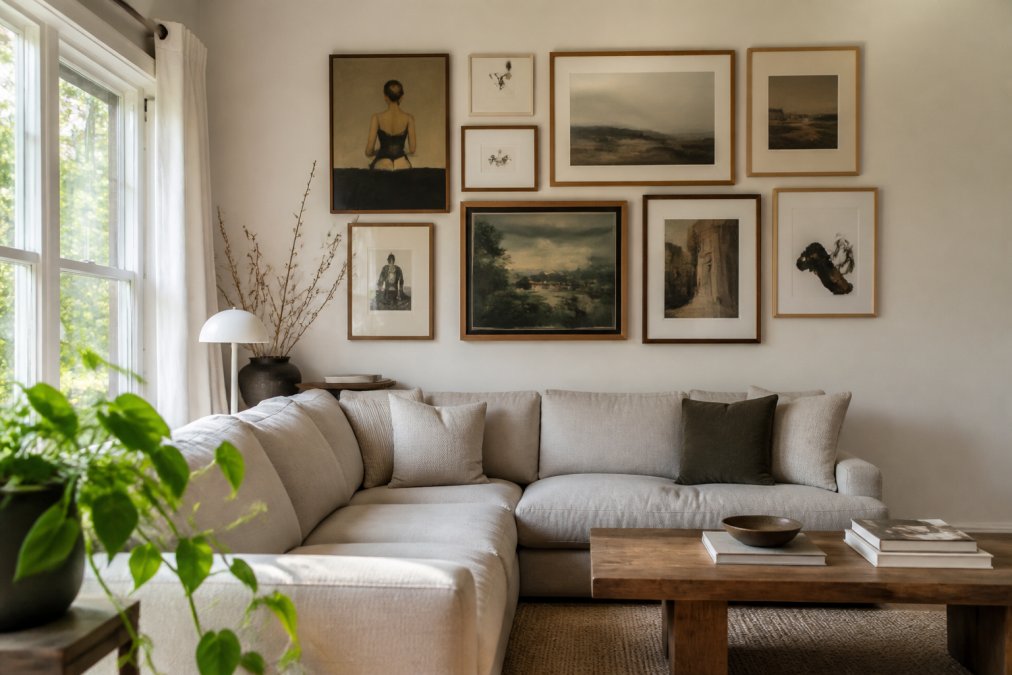 A gallery wall in a bright, modern living room featuring several framed art prints in different sizes, warm natural light coming through tall windows, a low linen sofa and a trailing plant visible in the foreground