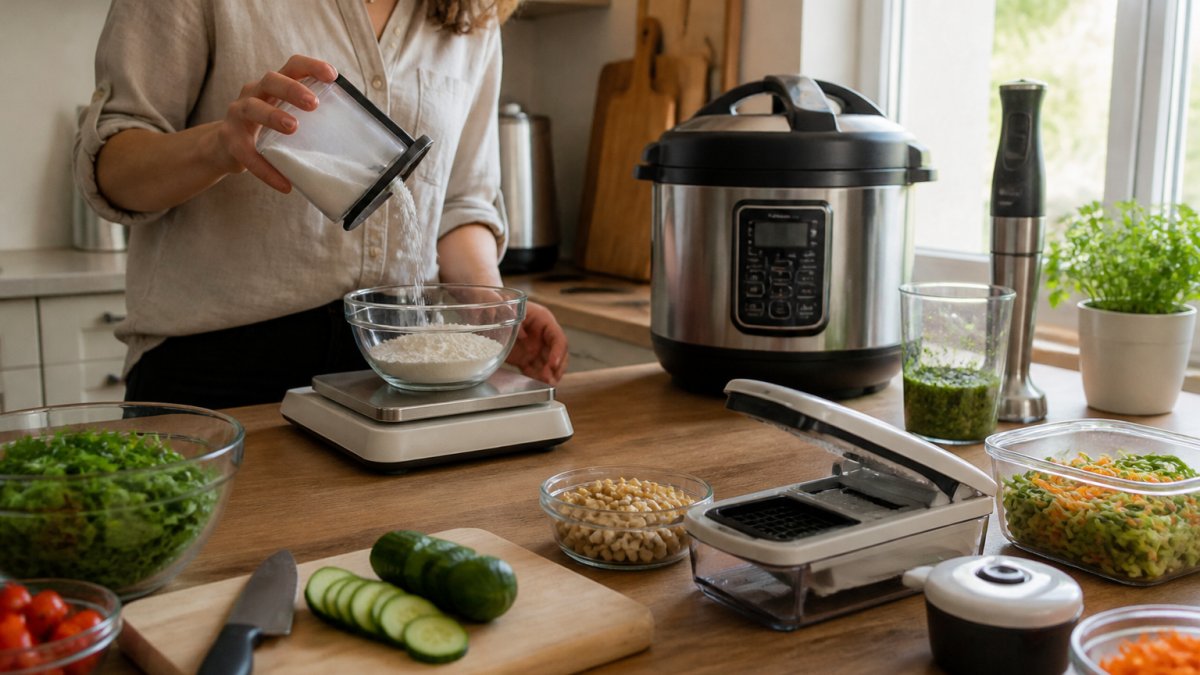 Infographic showing the efficient workflow process for using precision measuring tools during meal preparation