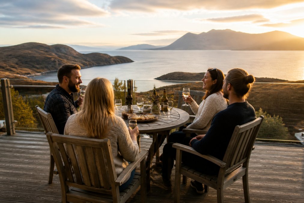 Friends relaxing on a coastal lodge terrace overlooking a sea loch during golden hour for relaxing Scottish stays.