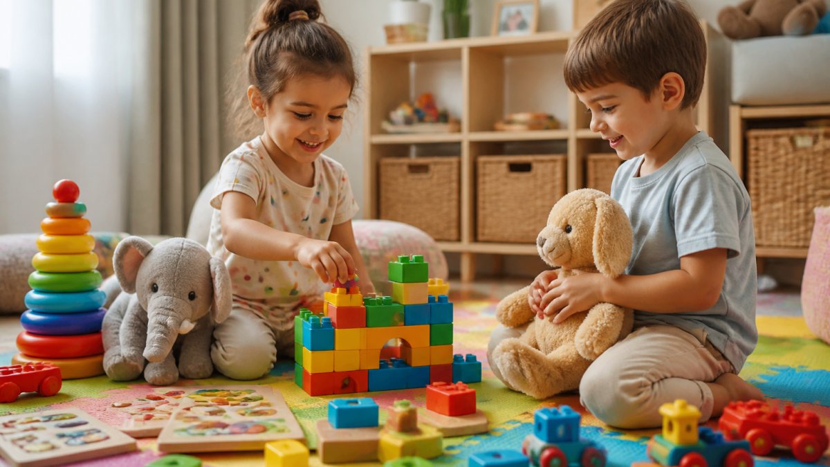 Toddler and young child playing together with colorful toys on a bright playmat, both smiling and engaged with building blocks and plush animals