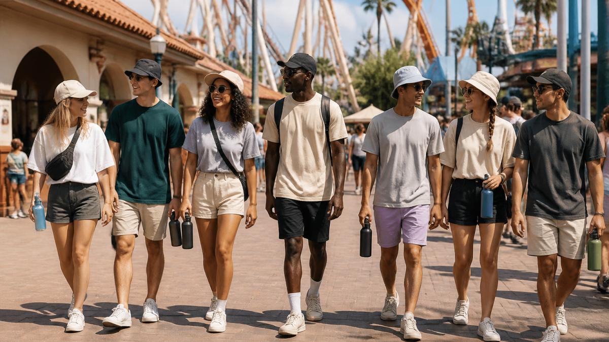 Diverse group of adults in casual graphic tees and shorts walking through a sunny theme park midway