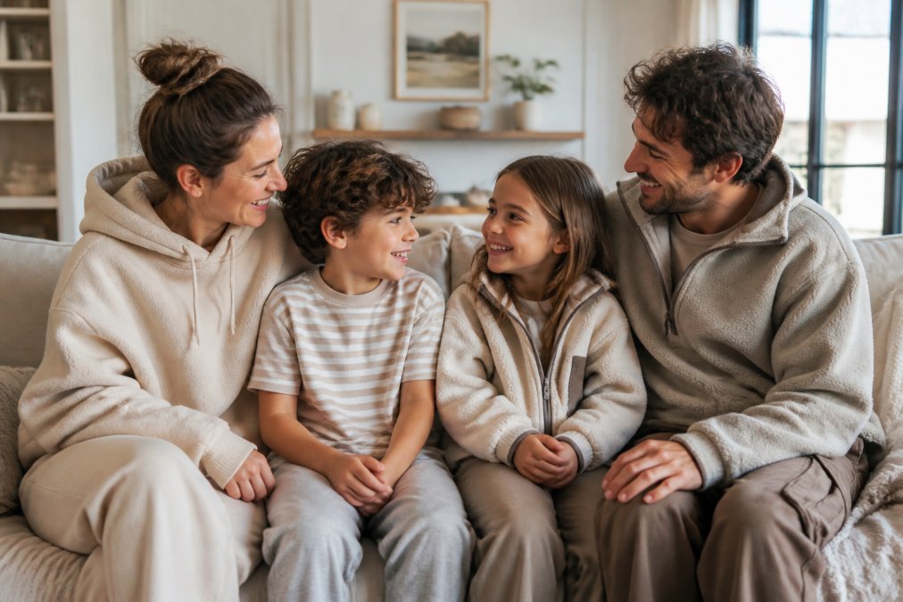 Family of four wearing coordinated unisex basics in neutral earth tones, oversized hoodies, striped tees, and fleece track jackets, posed together in a bright, minimalist home setting with natural window lighting