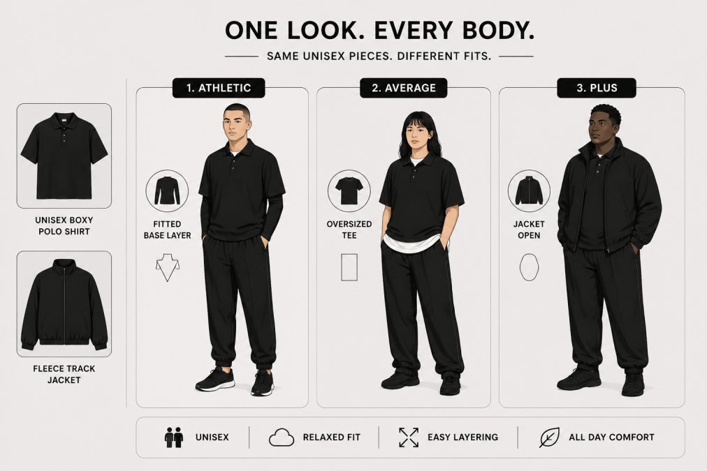 Three different body types wearing the same unisex boxy polo shirt and fleece track jacket, showing how the pieces adapt across diverse fits, one person with a fitted base layer underneath, one with an oversized tee, one layered with the jacket open