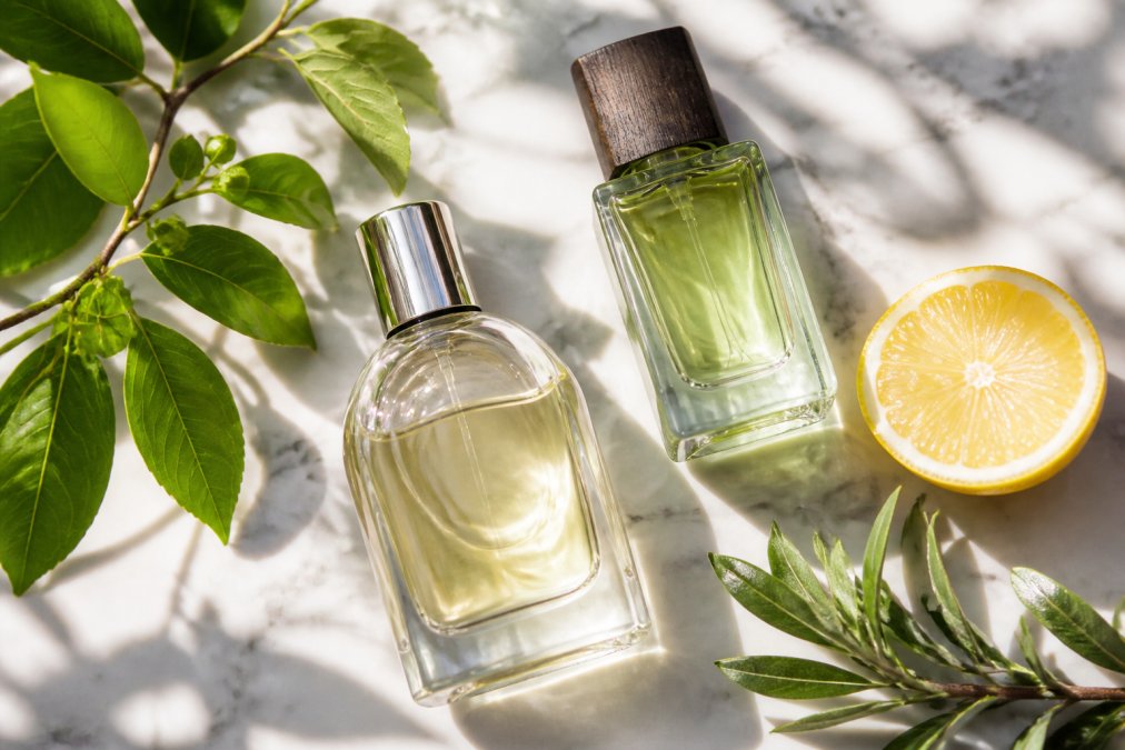 A flat lay of two unisex fragrance bottles on a light marble surface with fresh green leaves, a slice of citrus, and soft morning sunlight