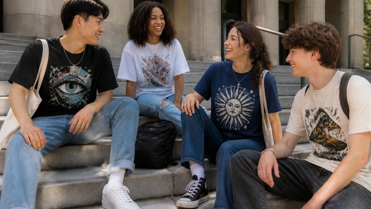 A group of students sitting on campus steps wearing different bold graphic tees, laughing and talking, natural daylight, casual backpacks nearby