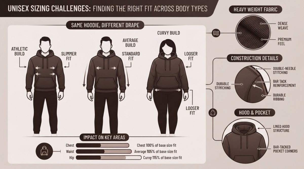 Multiple people of different body types and sizes wearing unisex heavy weight hoodies in various fits, showing how the same hoodie drapes differently on different frames, with close-up details of fabric texture and seam construction