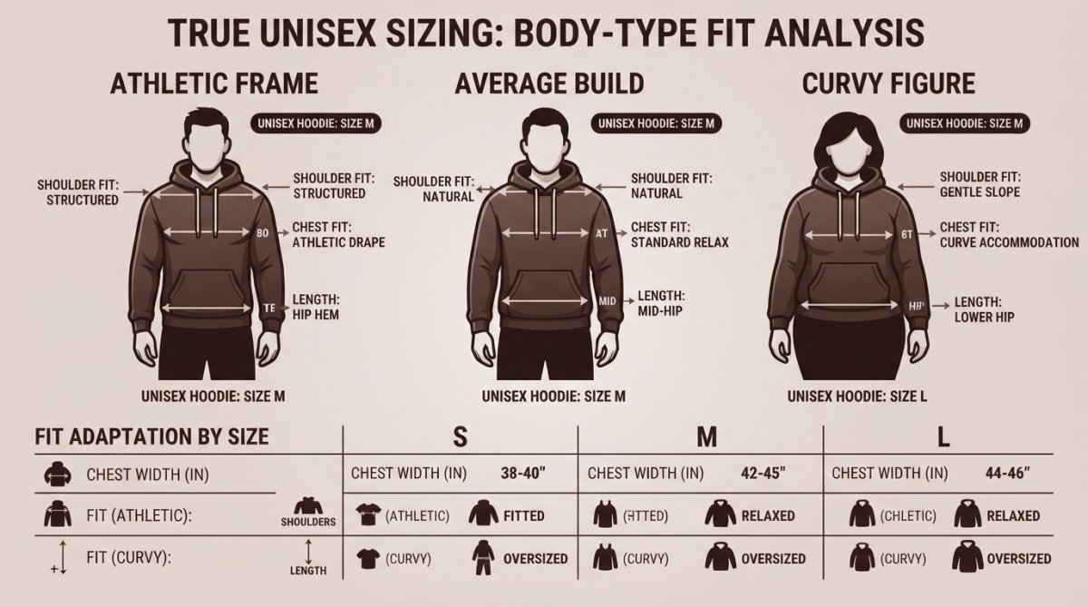 Different body types wearing the same unisex hoodie style in various sizes, showing how the fit adapts across chest width, shoulder width, and torso length for athletic, average, and larger frames