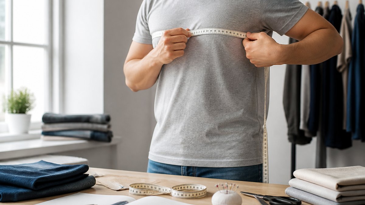 Person using a soft measuring tape to check chest circumference for a shirt fit