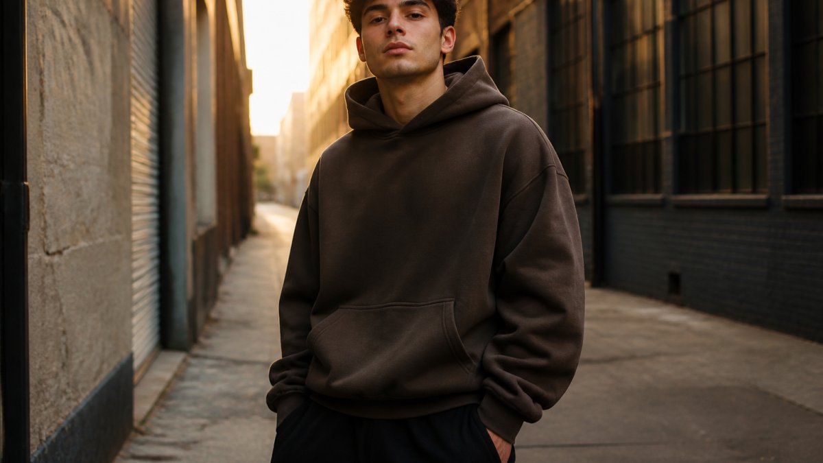 A young adult wearing an oversized heavyweight hoodie standing in an urban alley at golden hour, relaxed confident posture, natural city lighting