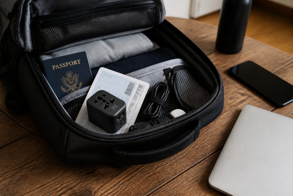 Traveler's backpack open with the compact UGREEN charger visible alongside a passport, airline ticket, and travel essentials on a wooden desk, showing scale and portability for carry-on luggage