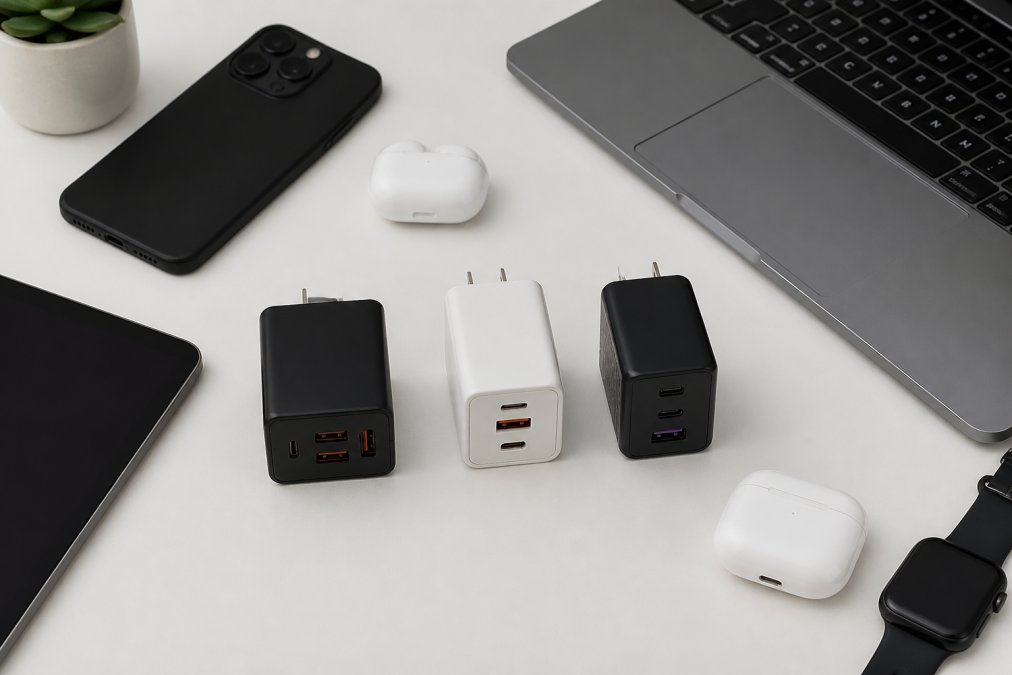 Flat-lay arrangement of the three chargers displayed together on a clean white desk with various devices surrounding them, a smartphone, laptop, wireless earbuds, and a tablet, to show scale and multi-device charging capability
