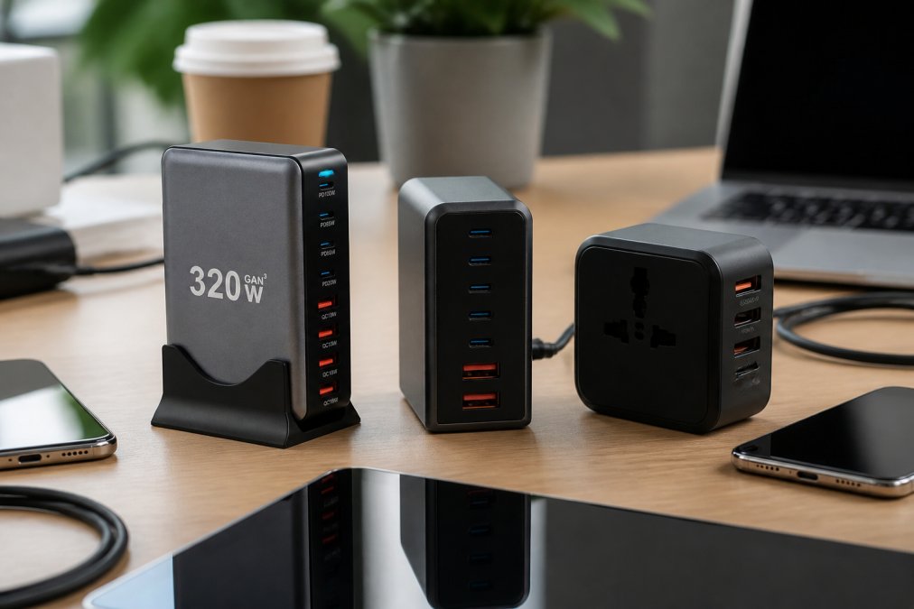 Three universal travel chargers arranged on a desk with various cables, smartphones, and tablets nearby, showing different sizes and port configurations in natural office lighting