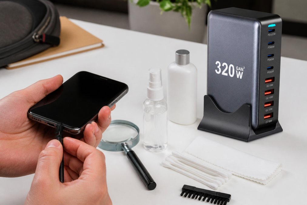 Hands carefully cleaning a smartphone charging port with a small soft brush, with a magnifying glass, isopropyl alcohol, and cleaning supplies visible on a white surface