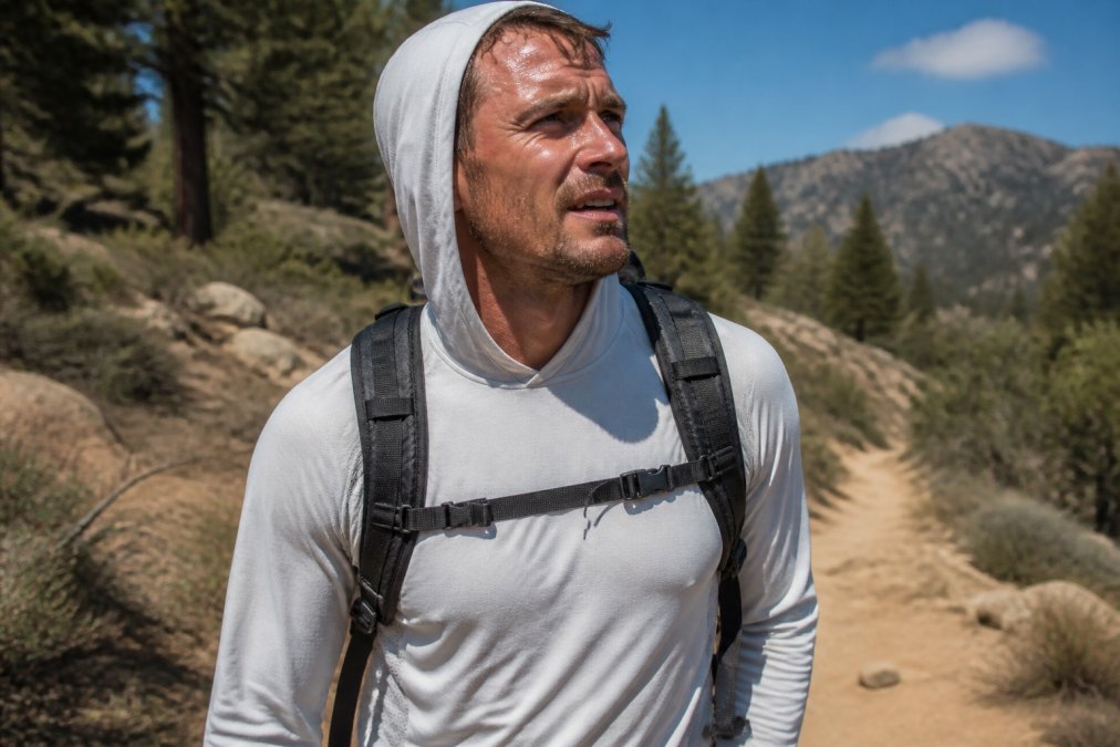 A hiker on a sunny trail wearing a light long-sleeve sun hoodie with mesh ventilation panels, backpack straps visible, sweat on brow, bright natural daylight