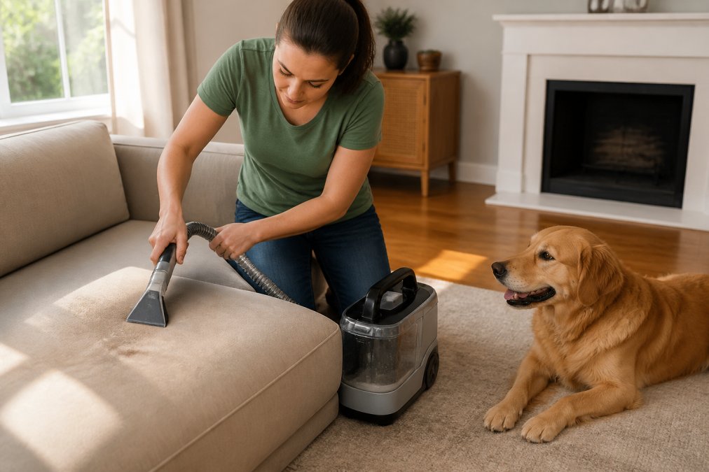 Pet owner using a portable device for upholstery cleaning on a sofa cushion while a dog sits nearby
