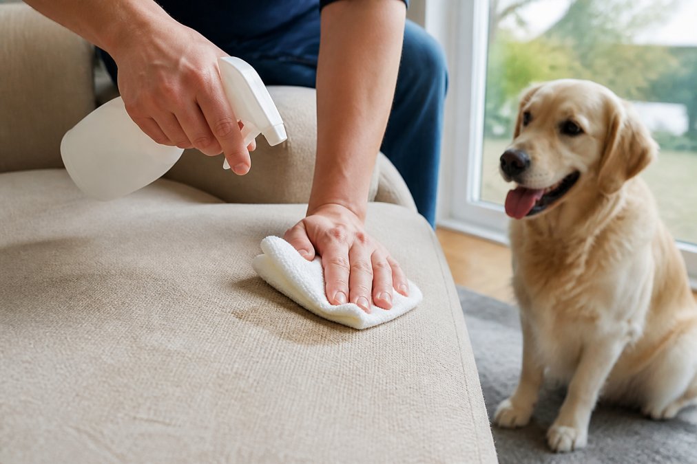 A close-up of a person's hand using a spray bottle and a clean white cloth to blot a stain on a light-colored fabric sofa, with a dog sitting nearby on the floor, bright natural window light