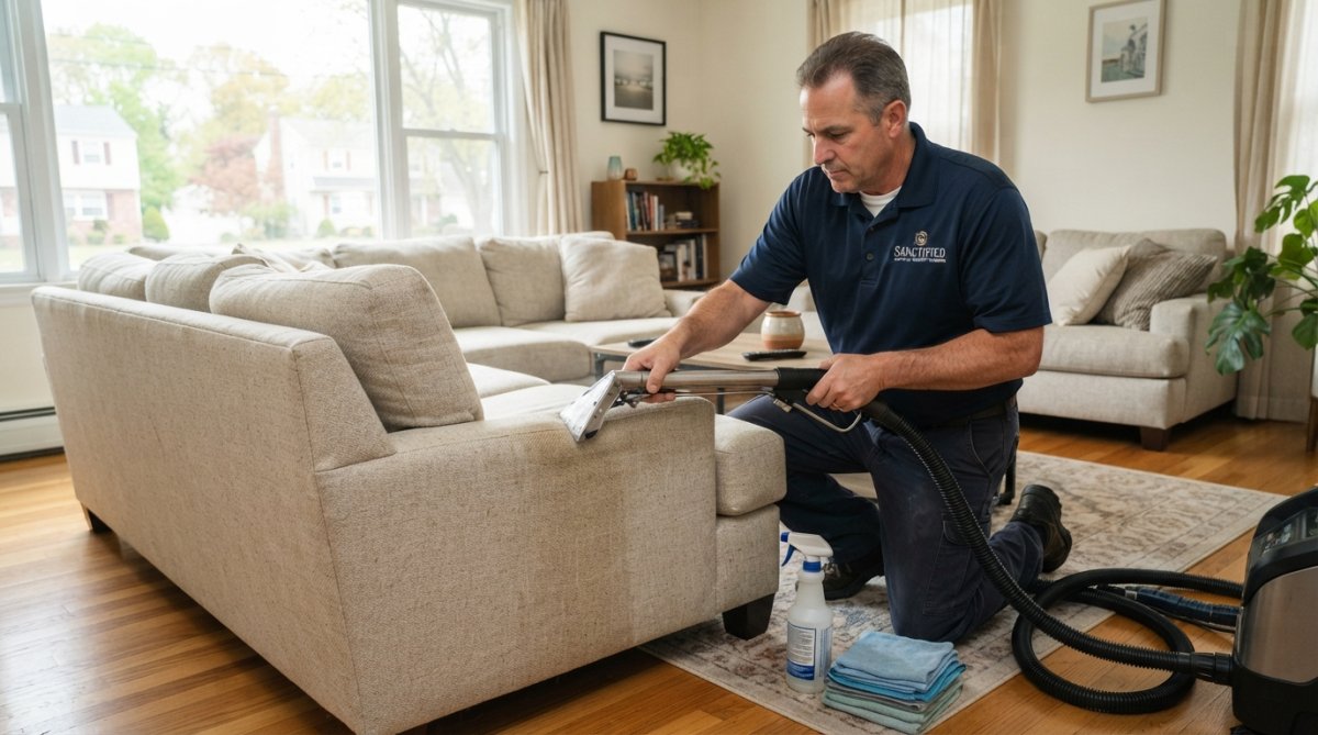 A professional cleaner in a Toms River living room using a steam cleaning wand on a light-colored sofa, spray bottle and microfiber cloths nearby, bright natural window light