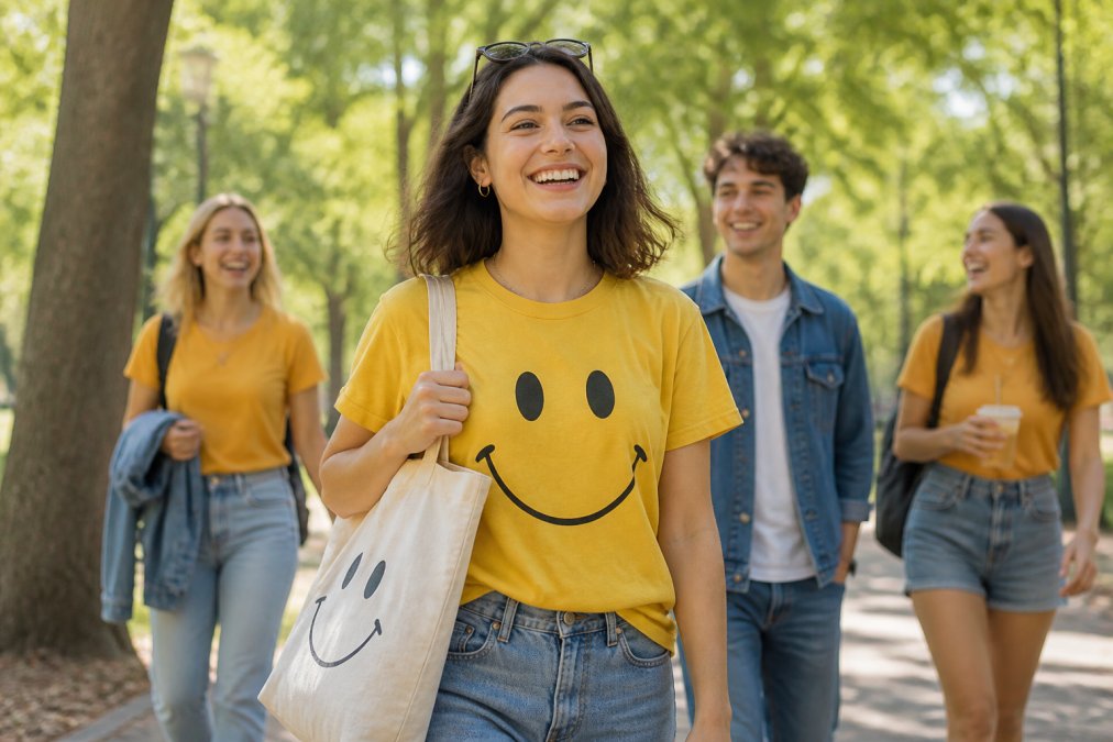A smiling woman wearing a yellow smile-themed shirt and tote bag, perfect as uplifting gifts, in a sunny park.